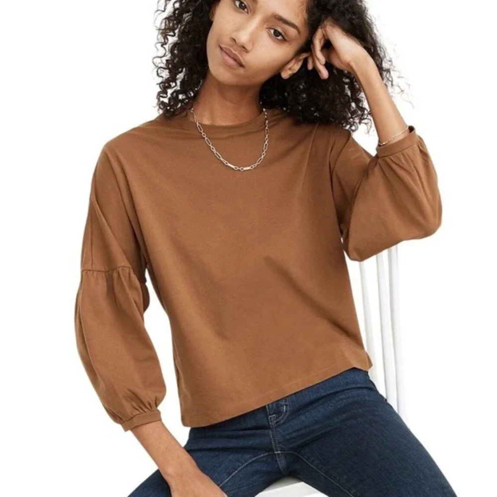 Madewell Women's Oversized Crepe Drop-Shoulder Bubble-Sleeve Pullover Tee Size S